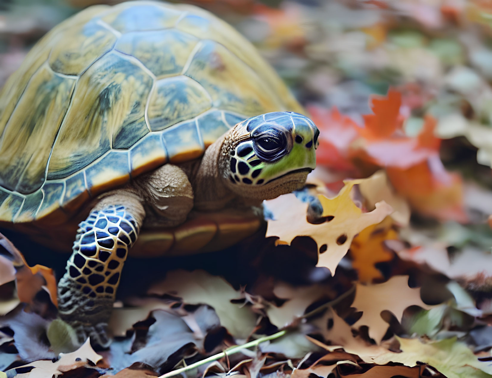 Colorful Tortoise Amid Autumn Leaves with Focused Gaze