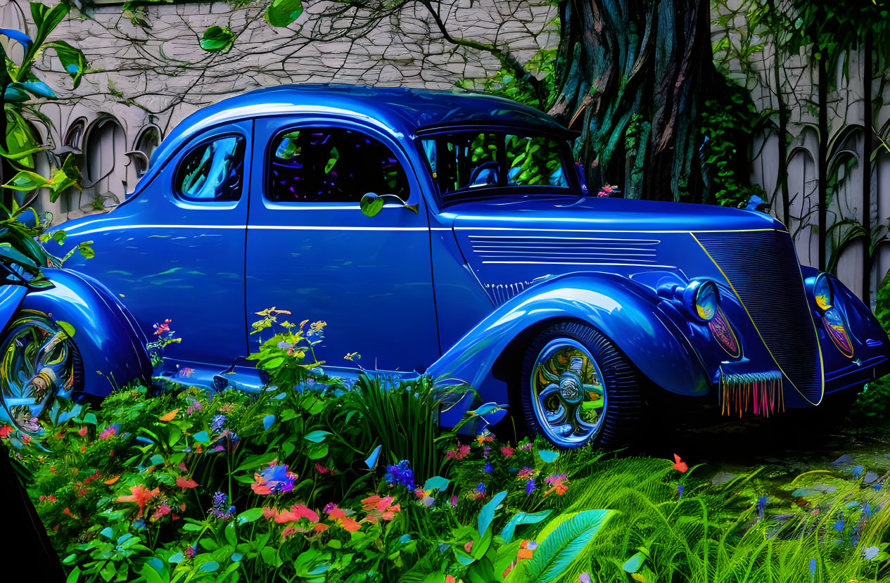 Vintage Blue Car in Lush Garden Setting