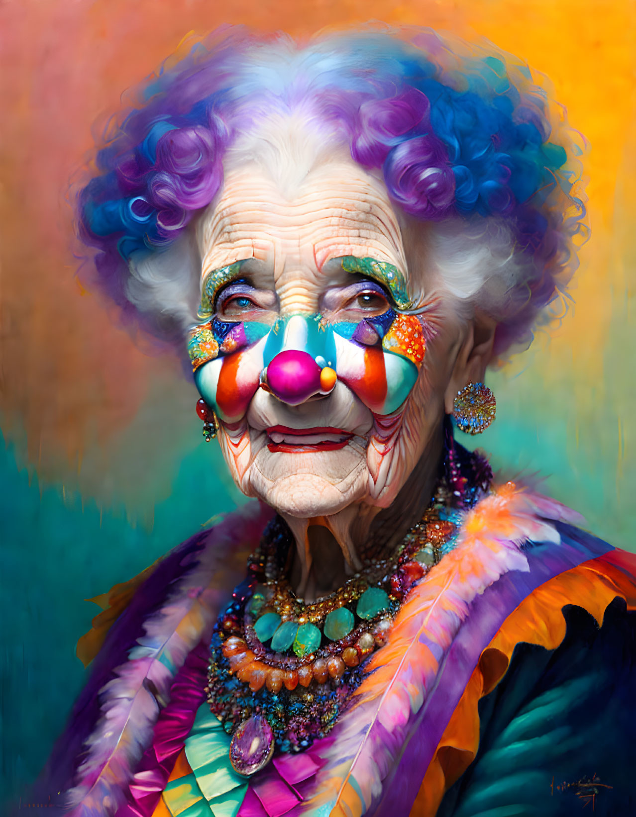 Elderly Woman in Colorful Clown Makeup and Costume