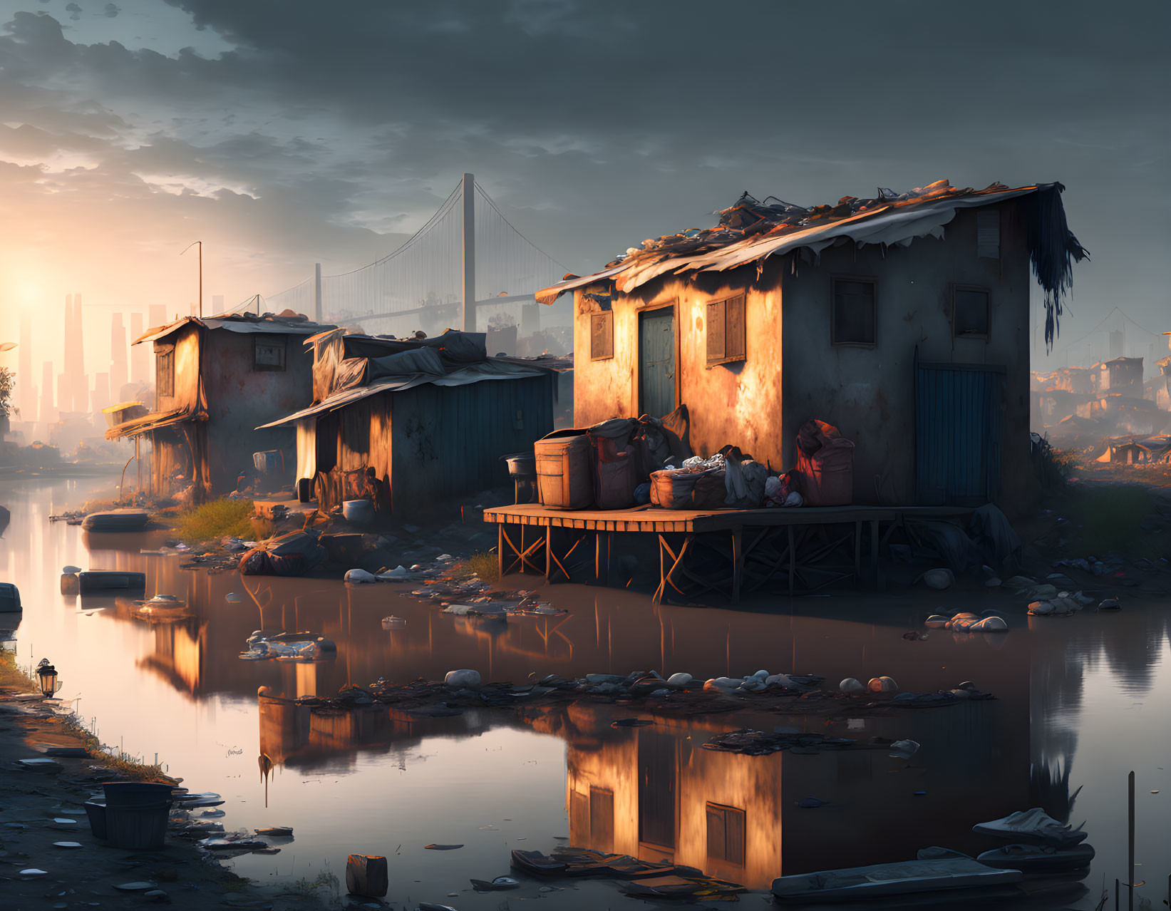 Wooden houses on stilts over water at sunrise in urban setting