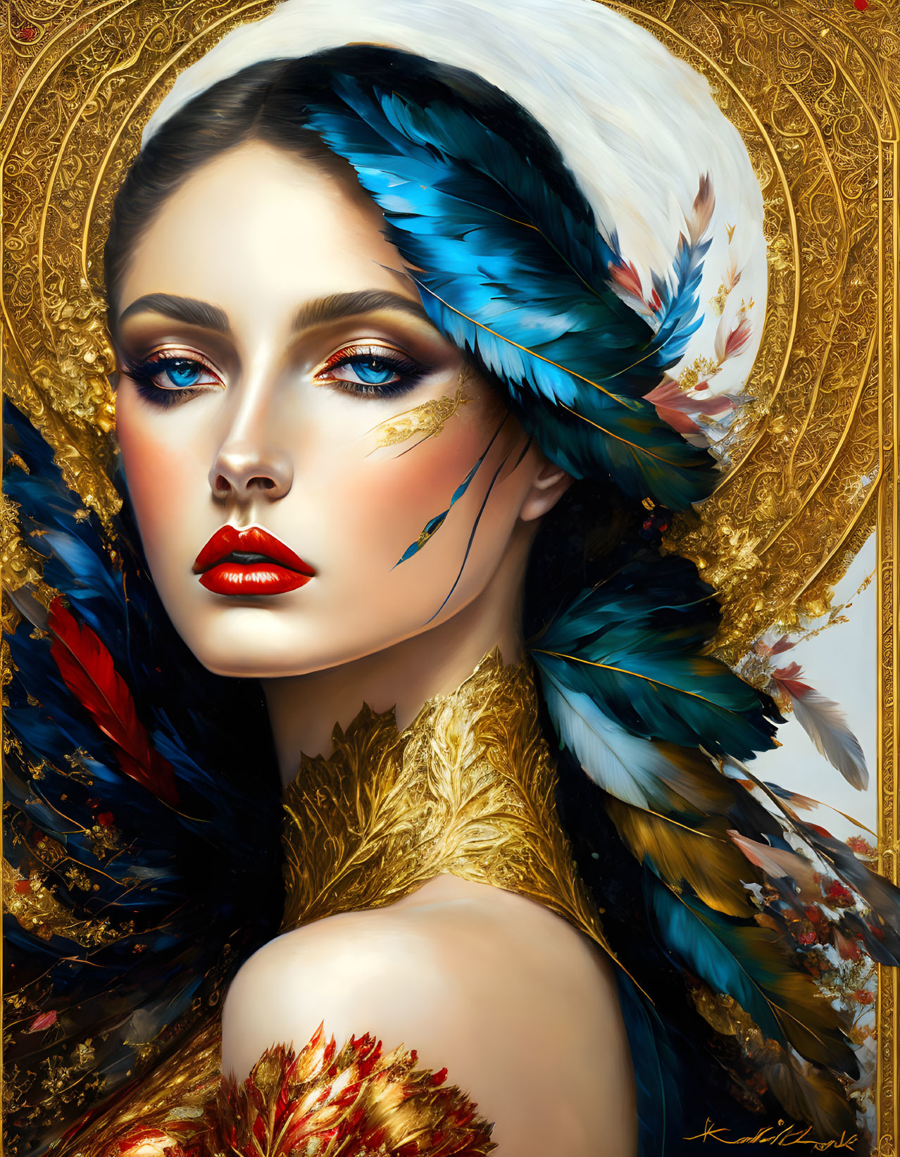 Vibrant blue feathered headdress on woman in gold ornamental attire