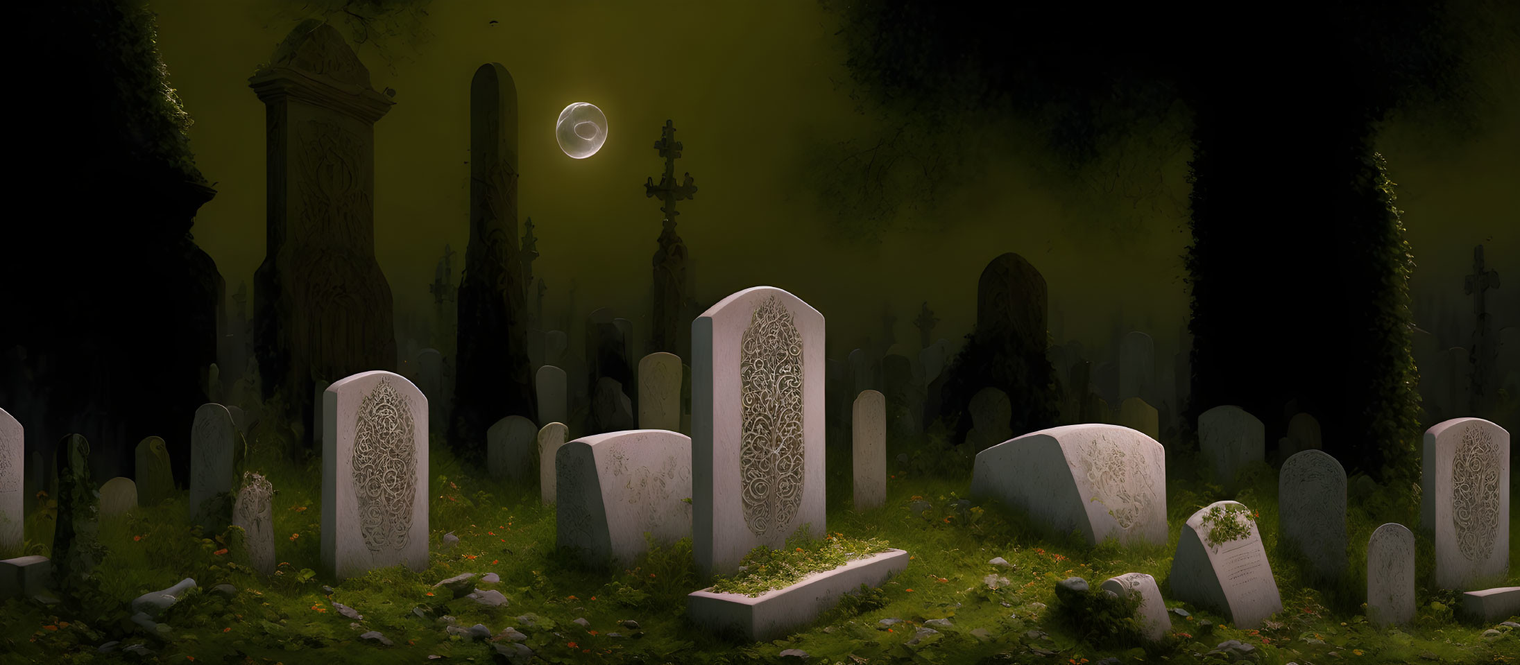 Misty graveyard scene with ornate tombstones under dim eclipse