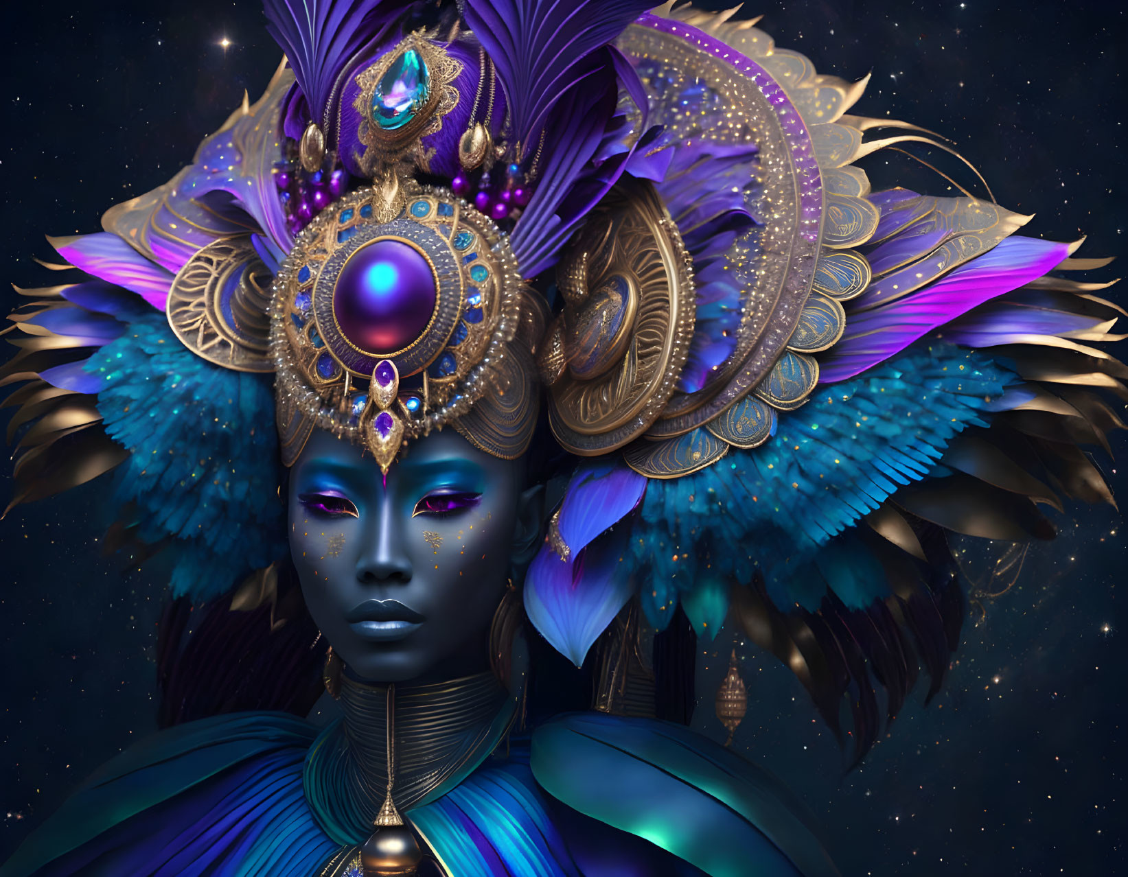 Celestial being with blue skin and ornate headdress in digital art