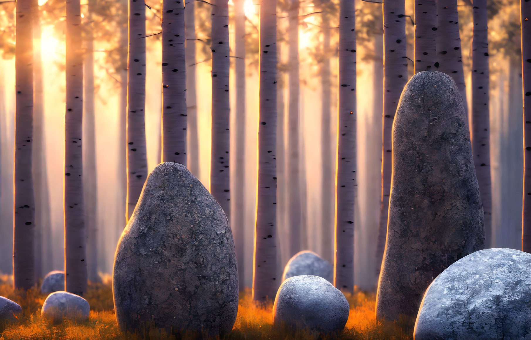 Tranquil forest sunset with standing stones and golden trees