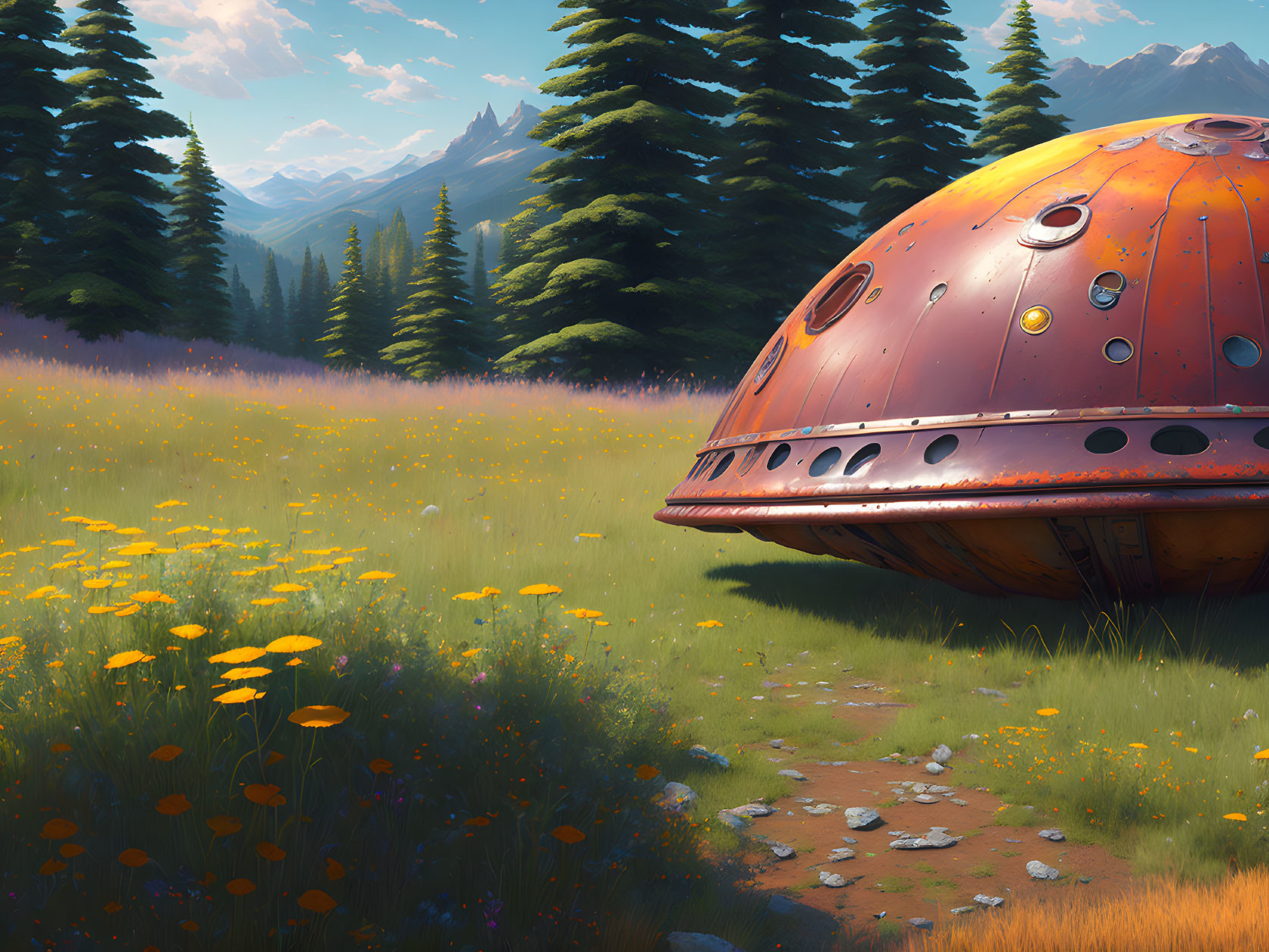 Orange dome-shaped UFO in vibrant meadow with wildflowers & pine forest