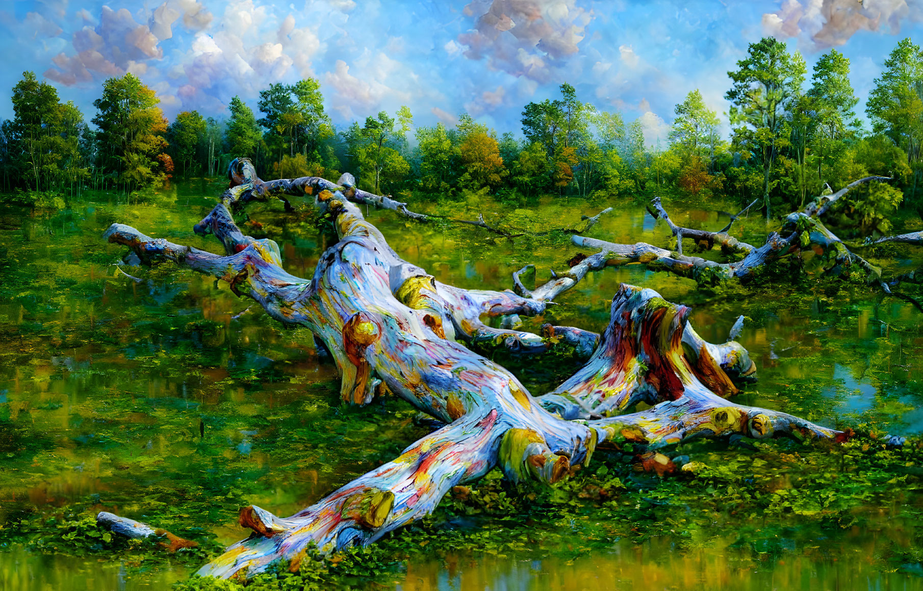 Detailed oil painting of fallen tree in lush meadow