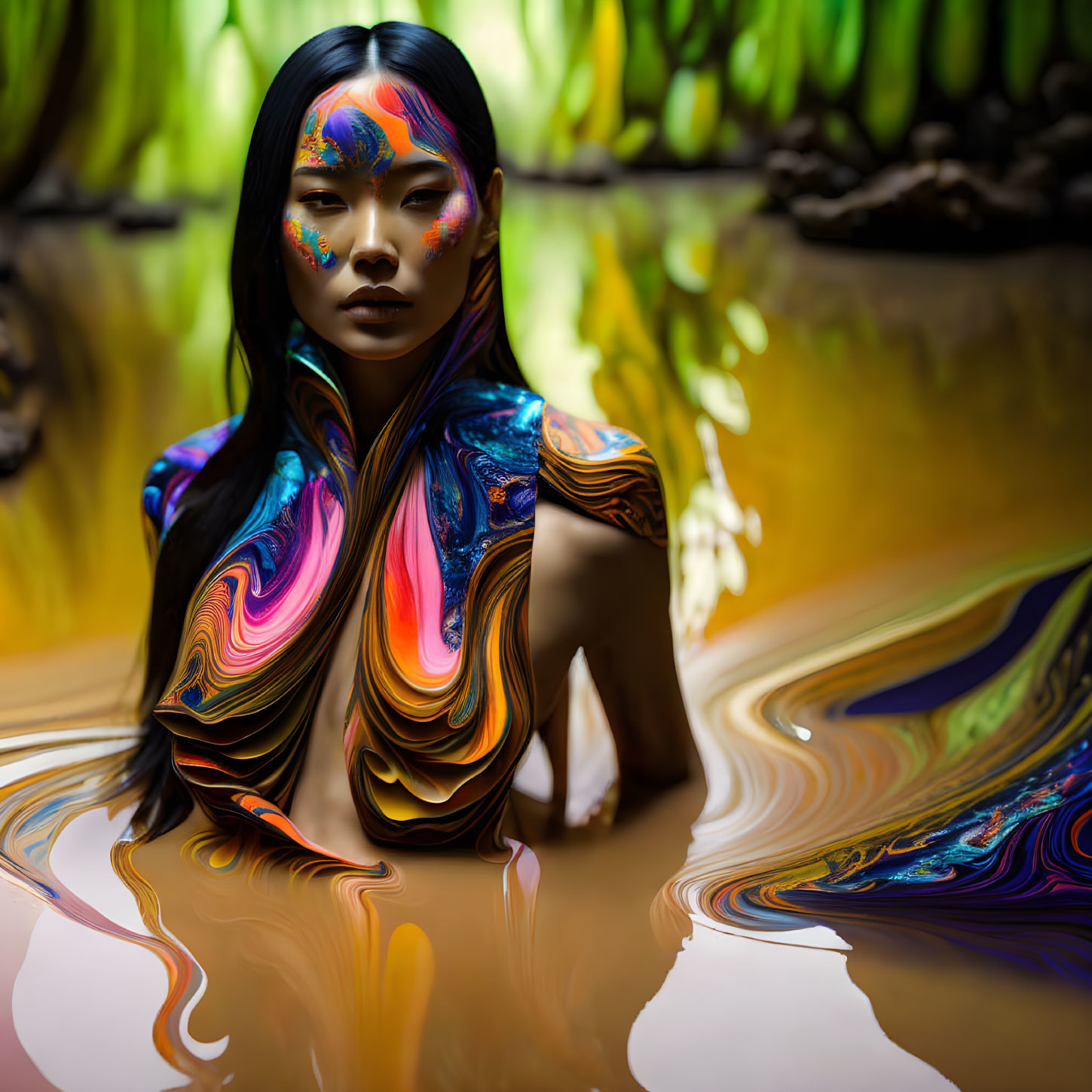 Colorful Body Paint Artwork in Shallow Water Reflecting Vibrant Hues