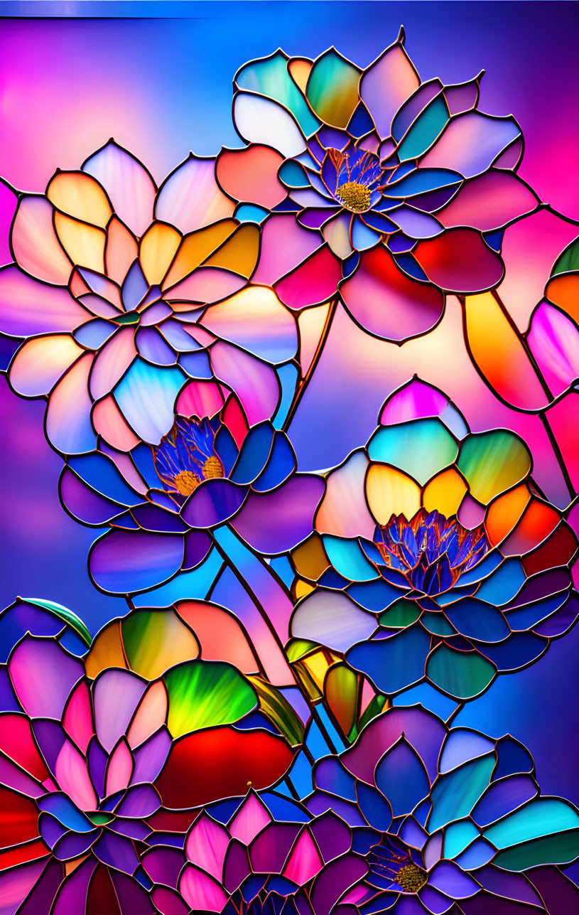 Colorful Overlapping Flowers in Vibrant Stained Glass Style