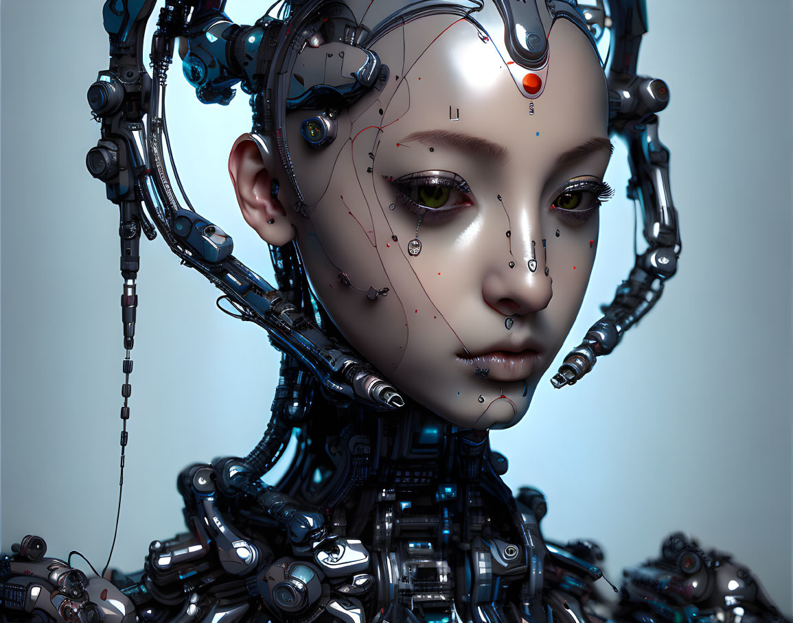 Female android portrait with cybernetic enhancements on blue background