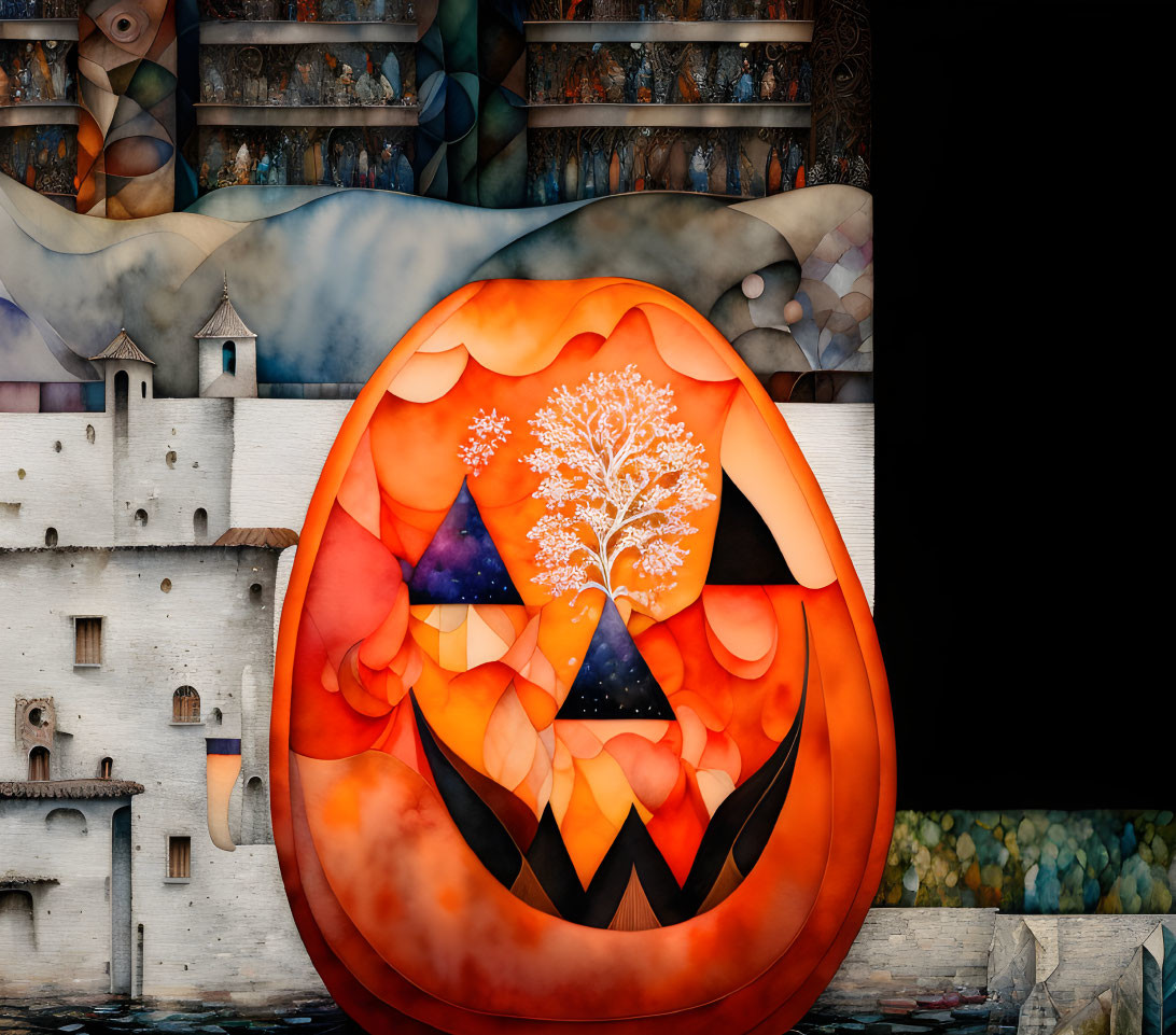 Colorful Pumpkin Lantern and Glowing Tree Design Against Illustrated Buildings