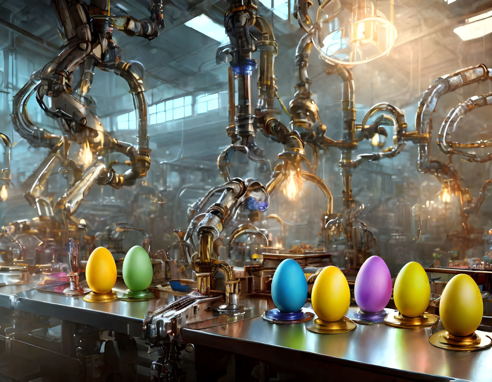 Vibrant Easter Eggs on Conveyor Belt in Robotic Factory