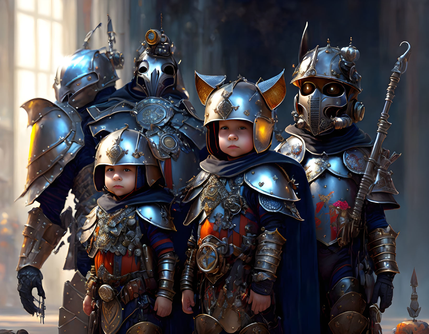 Four characters in ornate medieval armor, including child knight, standing heroically