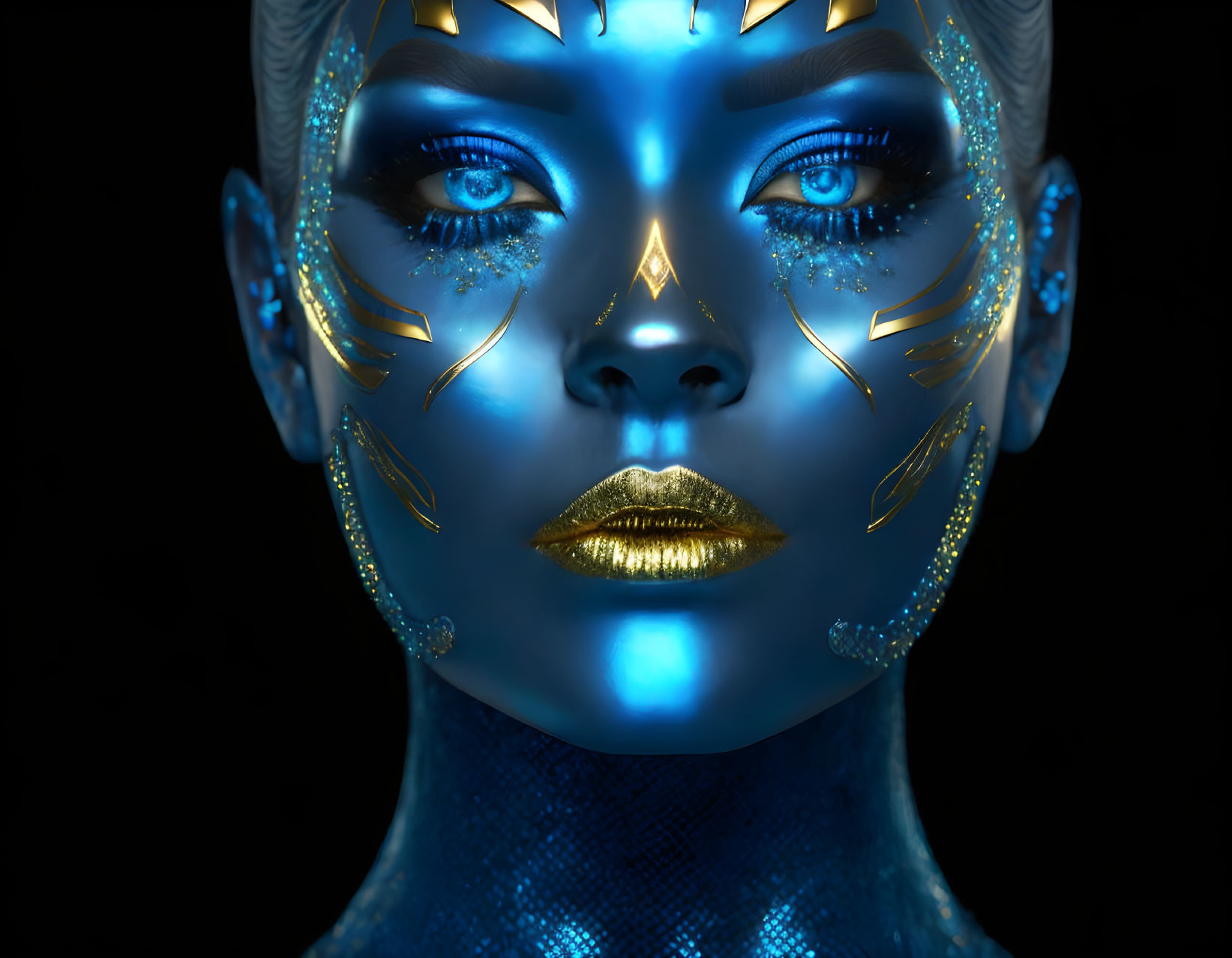 Portrait of person with blue skin makeup, gold lips, and golden eye adornments on dark background