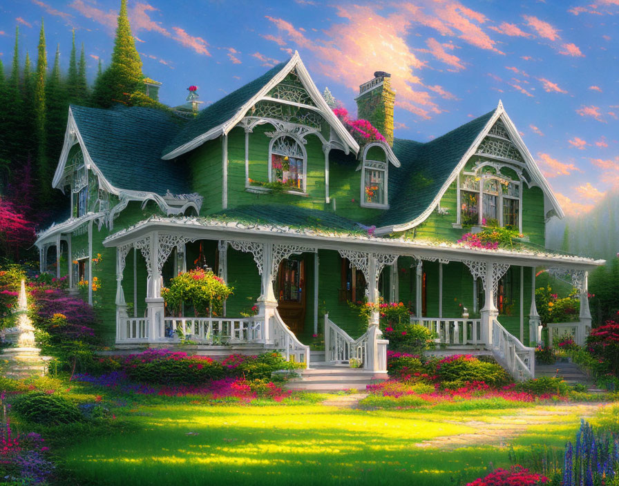 Victorian-style House with Ornate Trim in Twilight Gardens