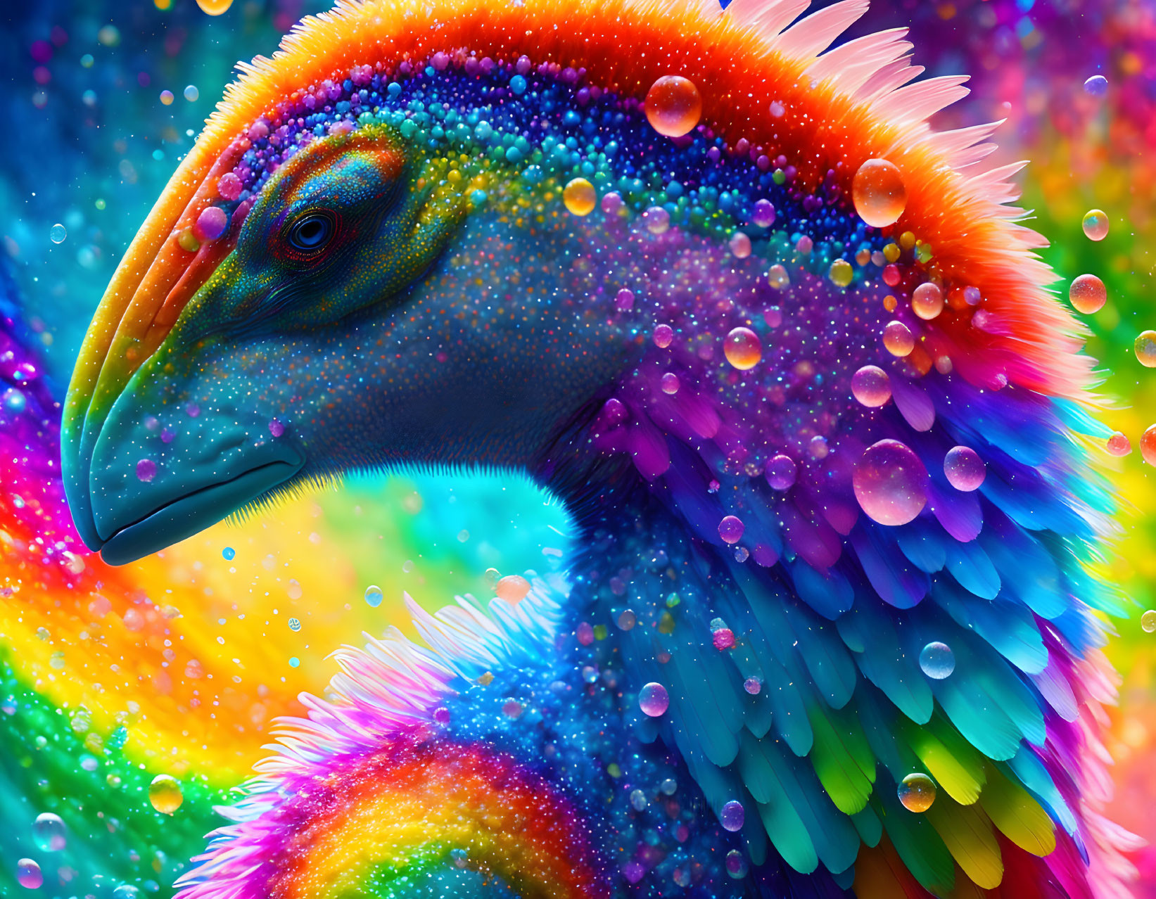 Colorful Rainbow Bird Illustration with Sparkling Water Droplets