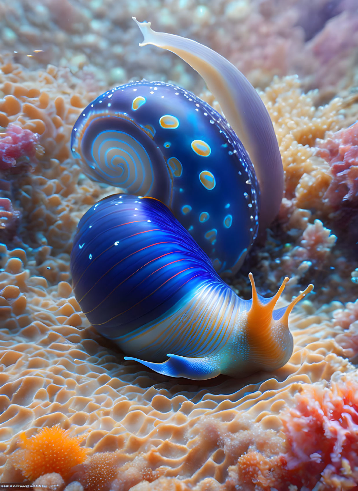 Colorful Digital Illustration: Blue Snail on Coral Surface