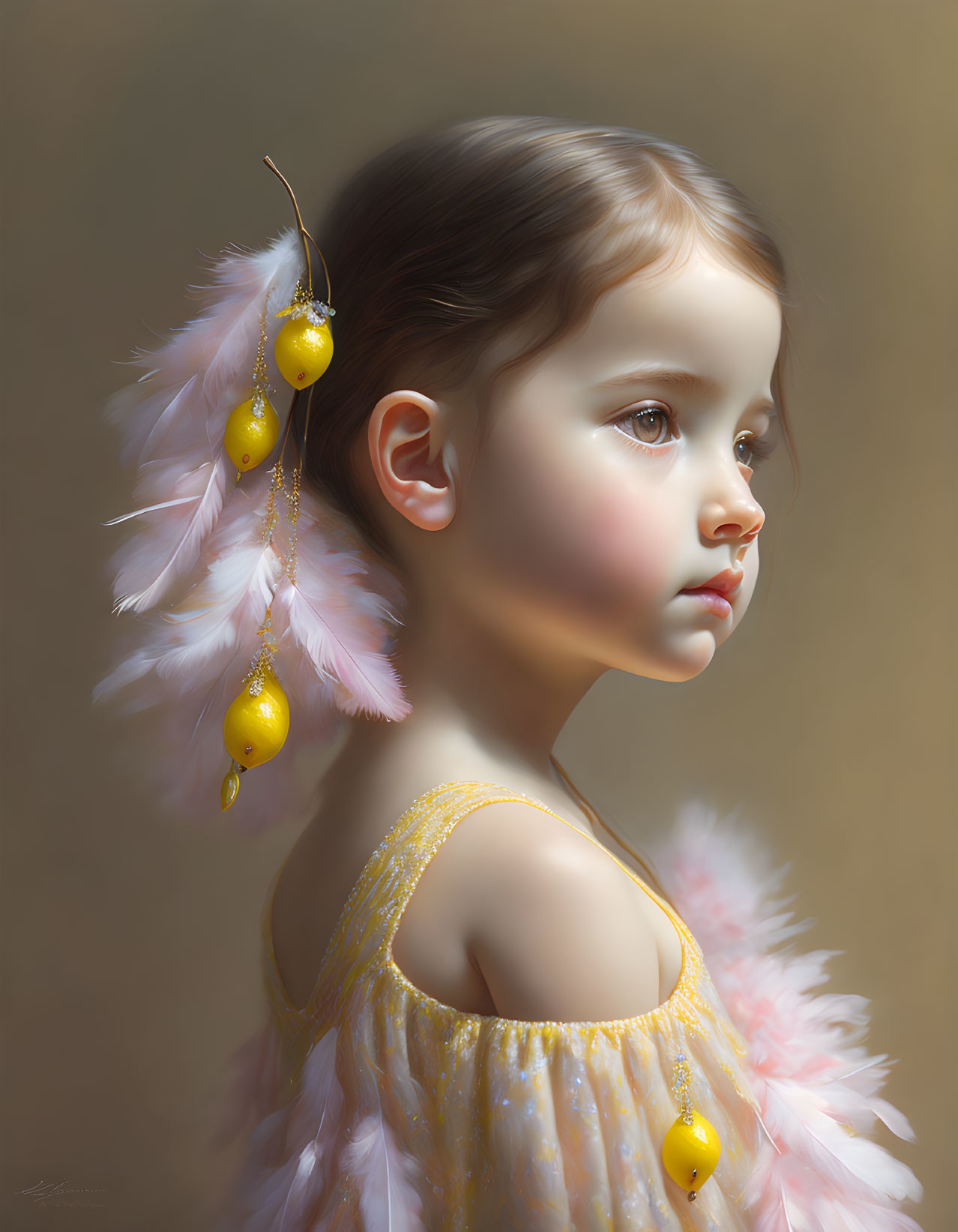 Serene young girl in yellow-accented dress with feathered earring