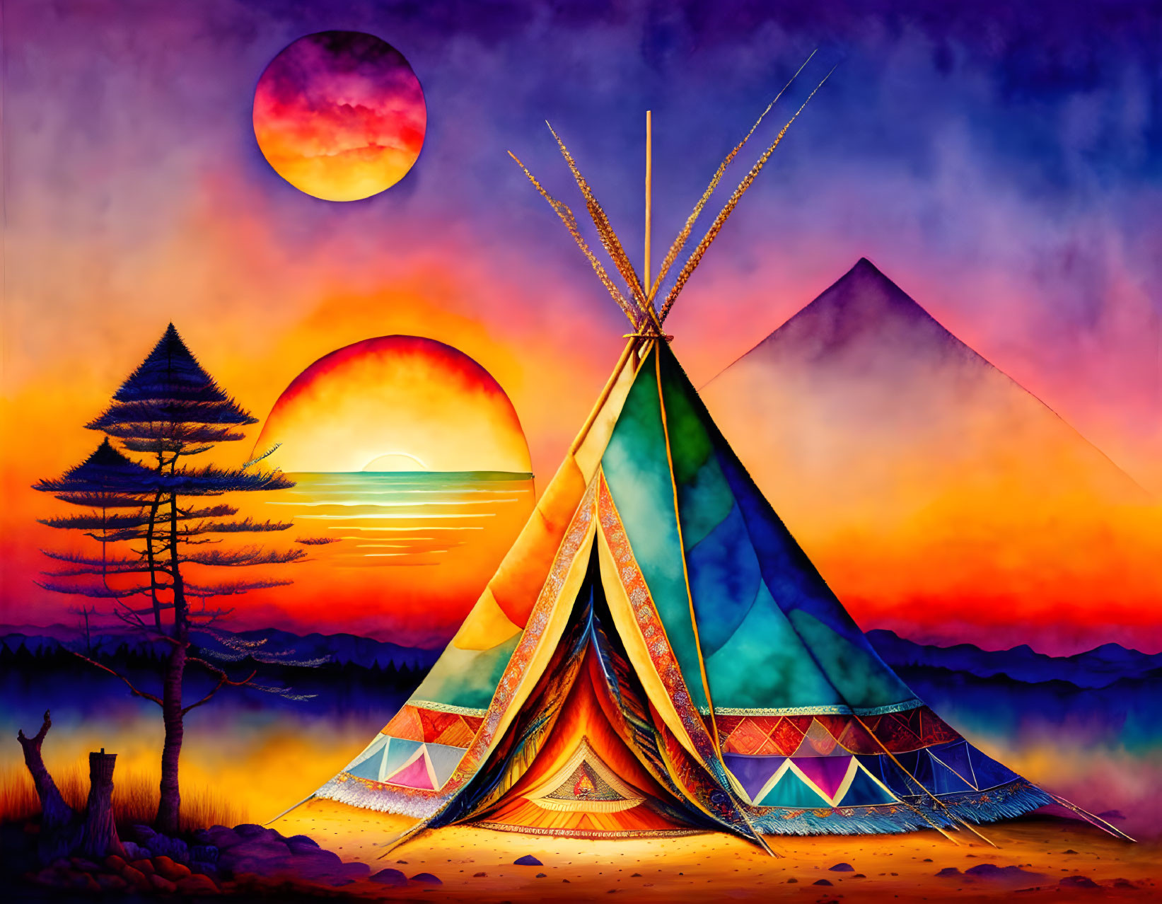 Colorful Teepee Artwork with Sunset, Mountain, Tree, and Moon