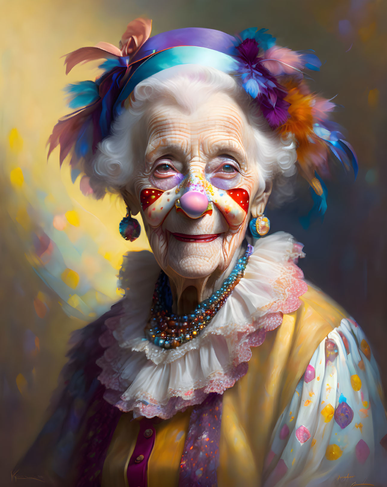 Elderly woman in clown makeup with red nose and colorful attire