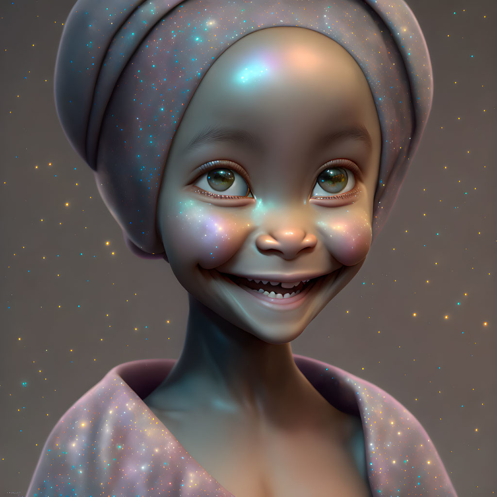 Smiling child with sparkling skin and turban in digital portrait