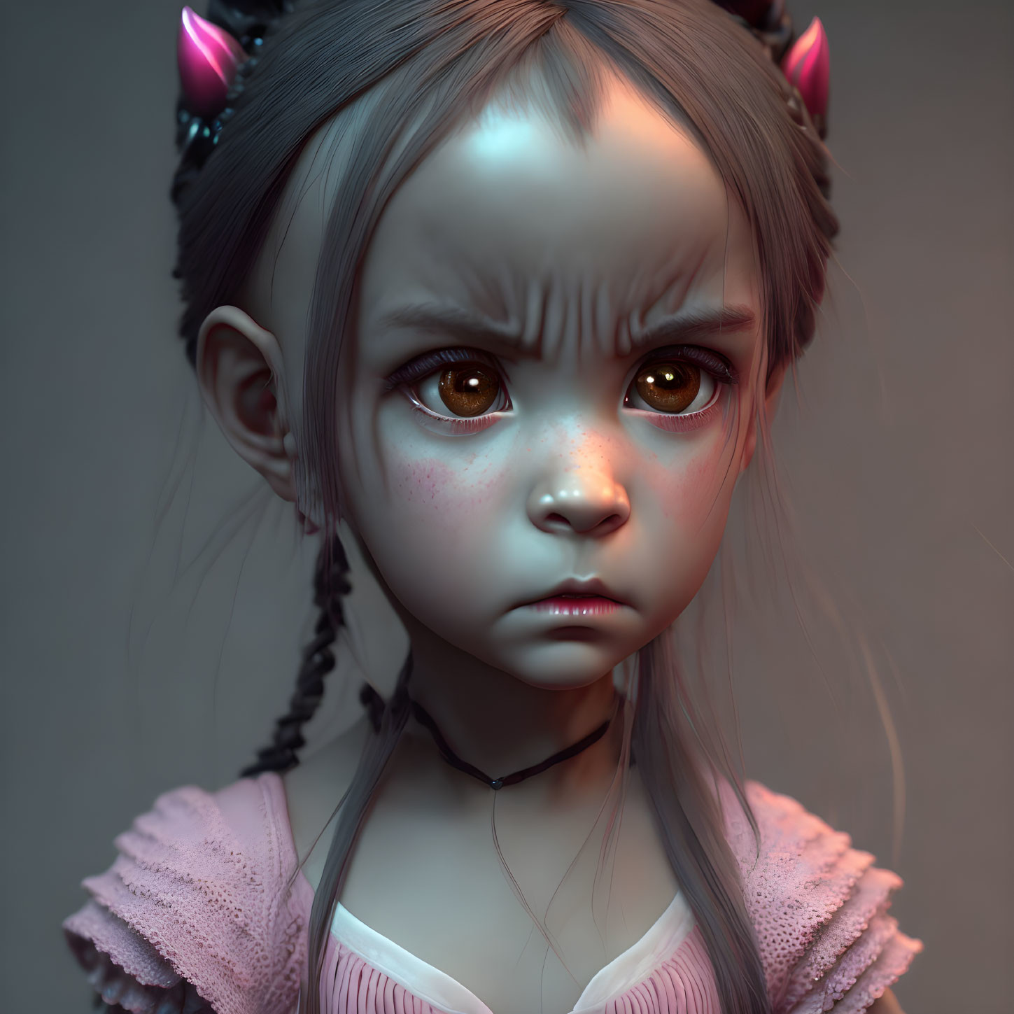 Digital artwork: Young girl with fantasy horns and yellow eyes on neutral background