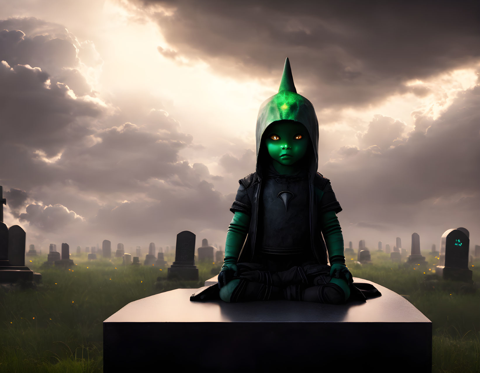 Luminous green-faced figure in hood at graveyard dusk