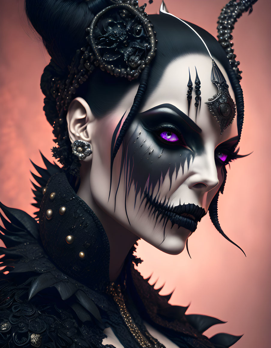 Gothic fantasy figure with dark makeup and horned headpiece.