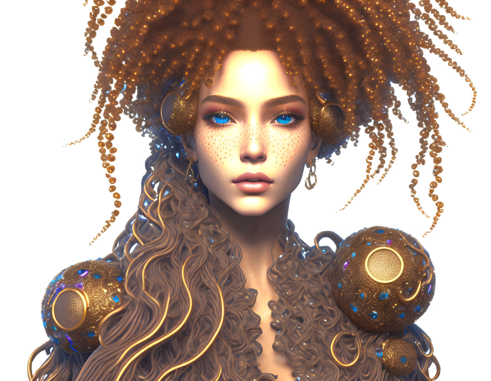 Digital artwork: Woman with curly hair, freckles, blue eyes & gold jewelry