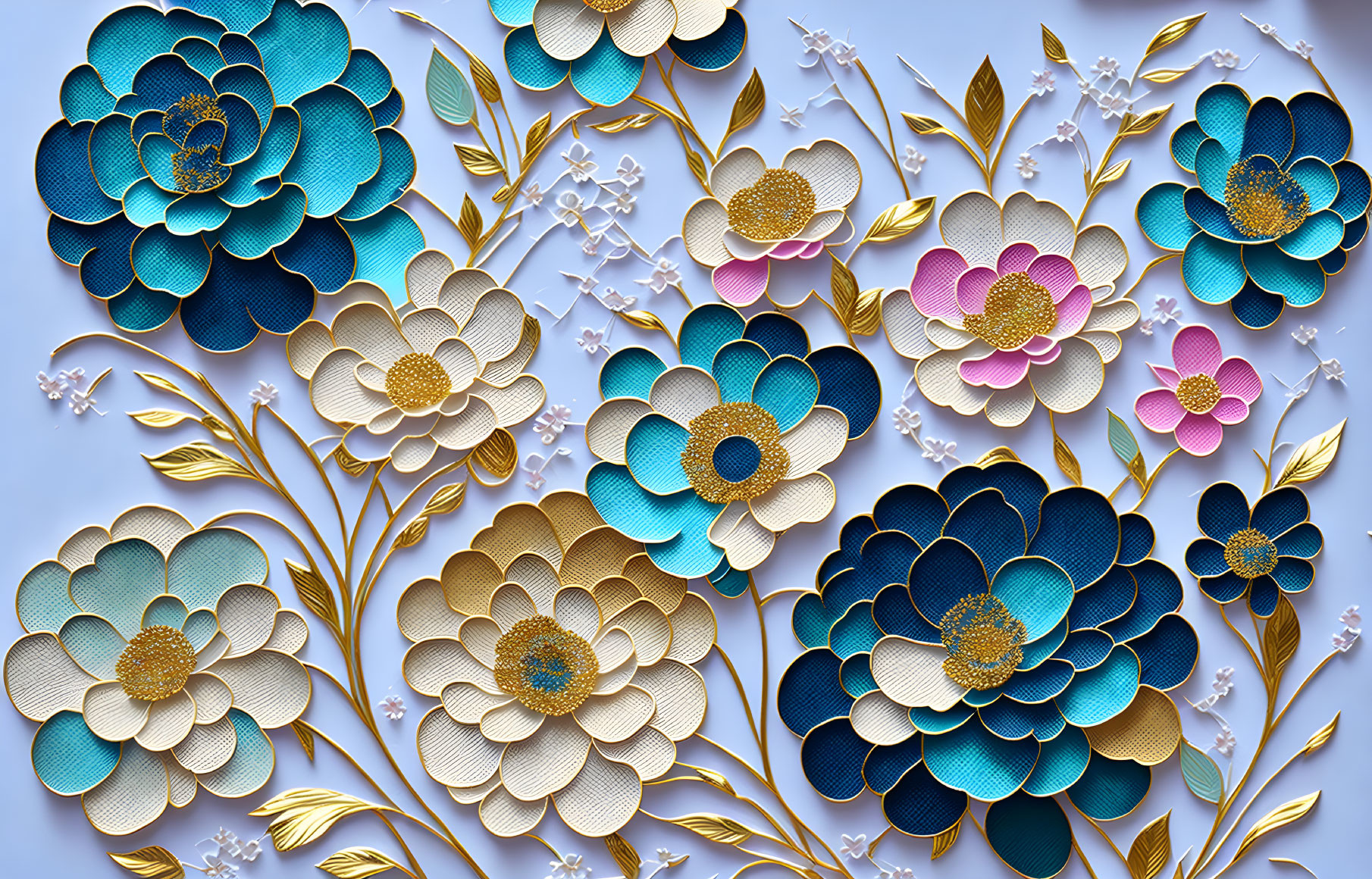 Blue and Gold Stylized Flower Pattern on Pale Blue Background