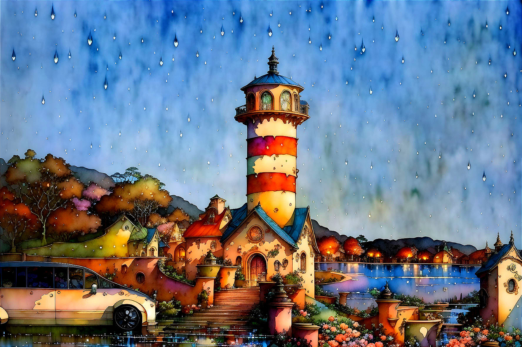 Colorful illustration of striped lighthouse, vintage car, buildings, and raindrops.