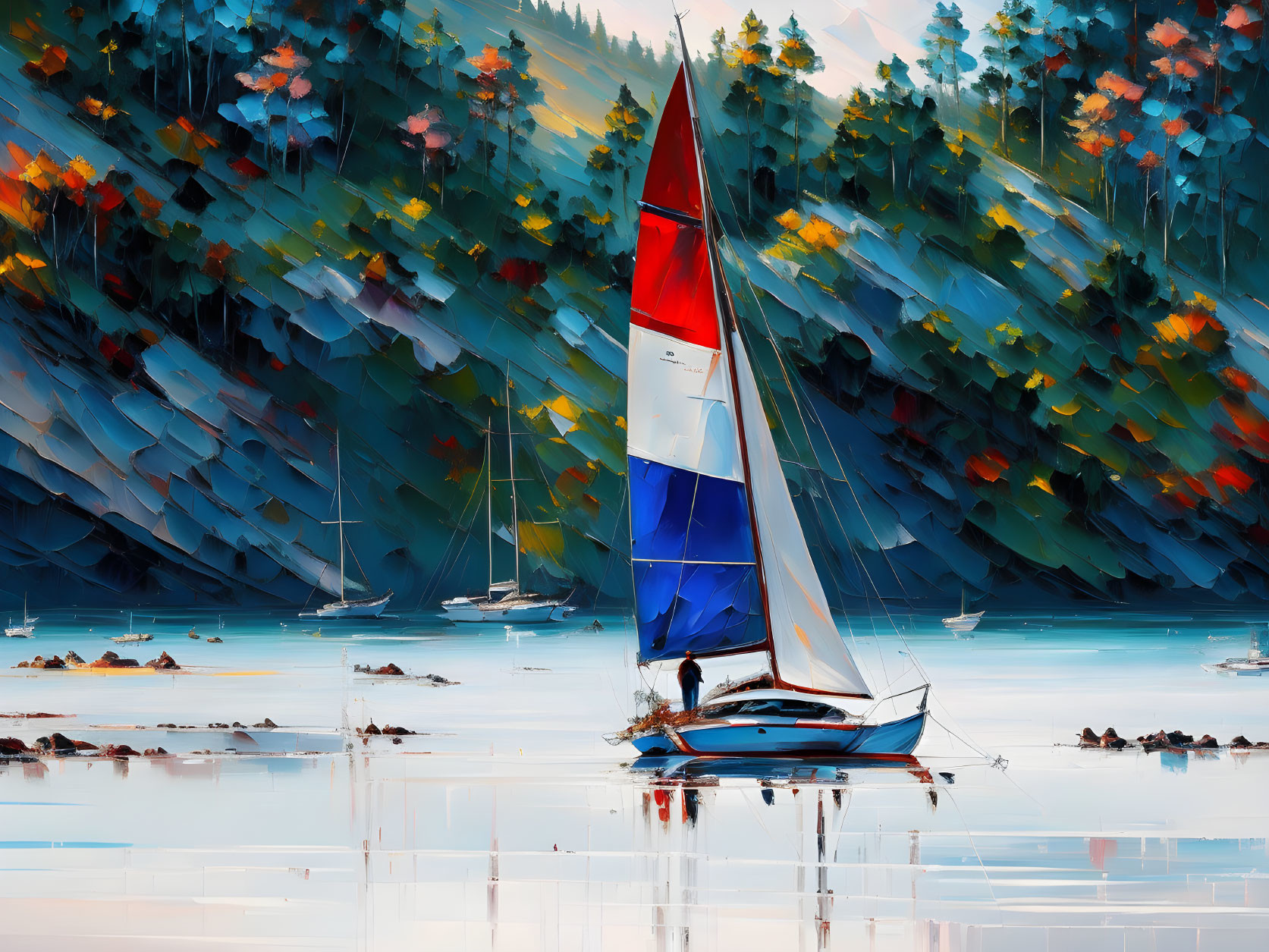 Colorful sailboat painting on calm waters with forest landscape