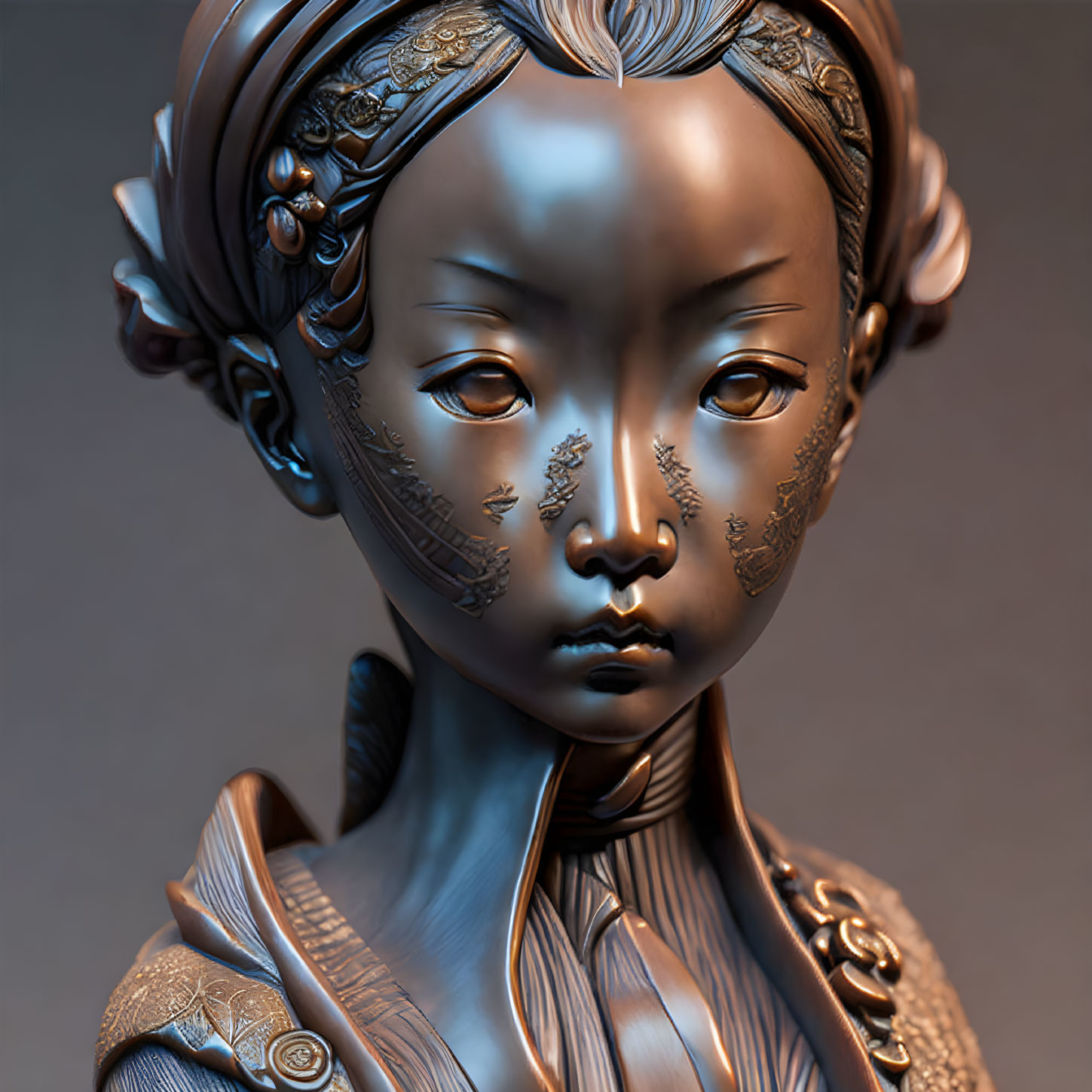 Detailed Bronze Sculpture of Serene Girl with Ornate Hair