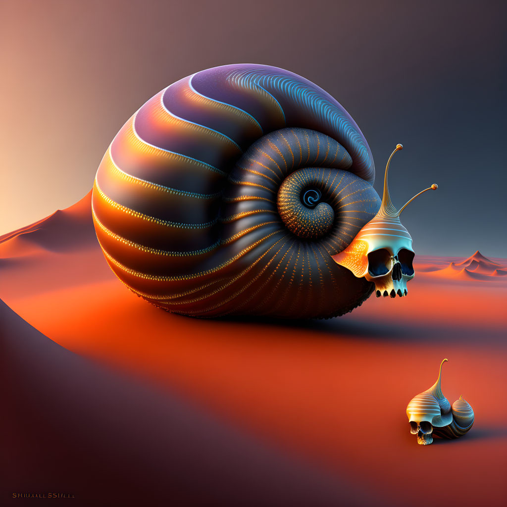 Colorful Snail Artwork in Surreal Desert Sunset