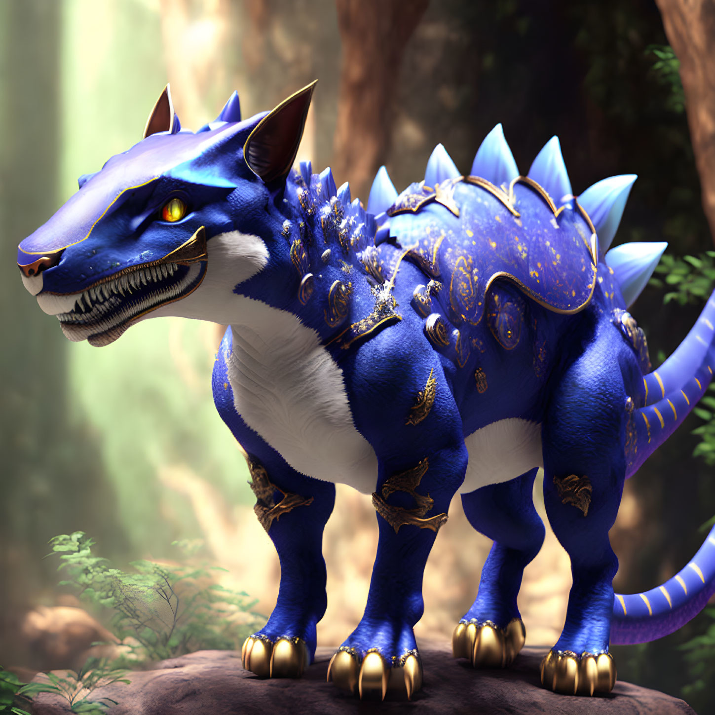 Blue dragon fantasy creature in misty forest with spiky armor