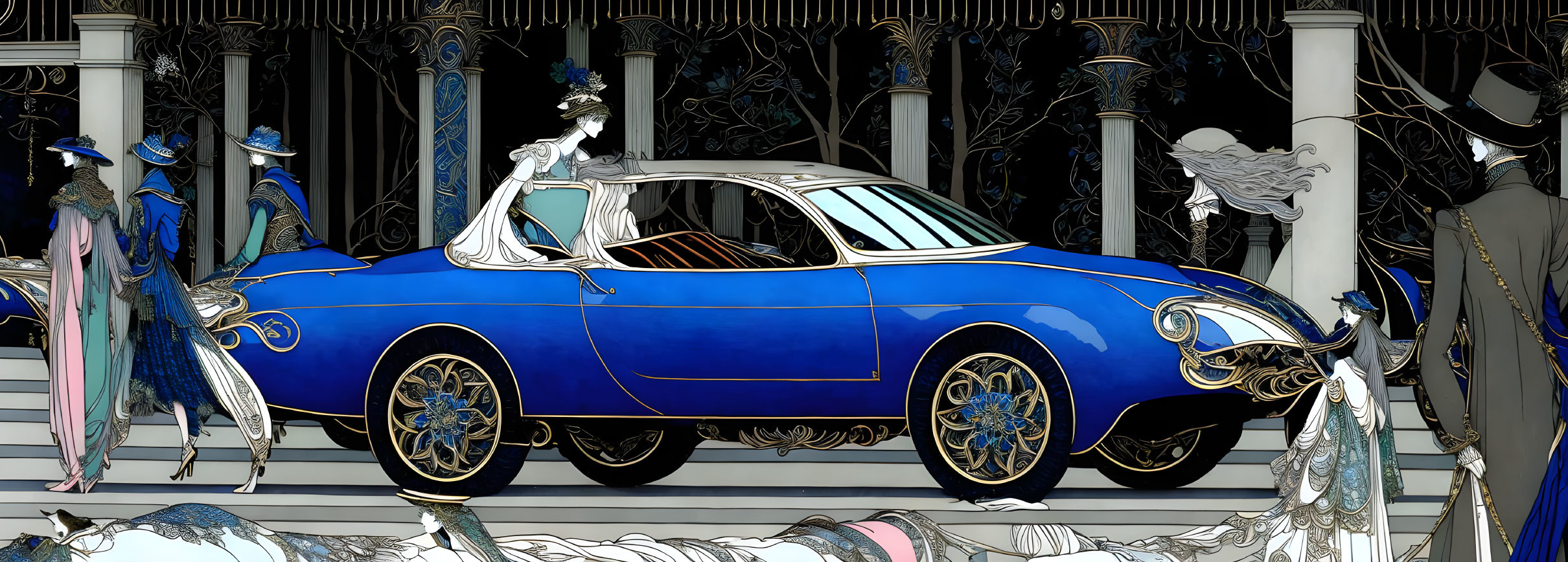 Illustration of woman in white dress exiting vintage blue car among elegant figures in ornate setting