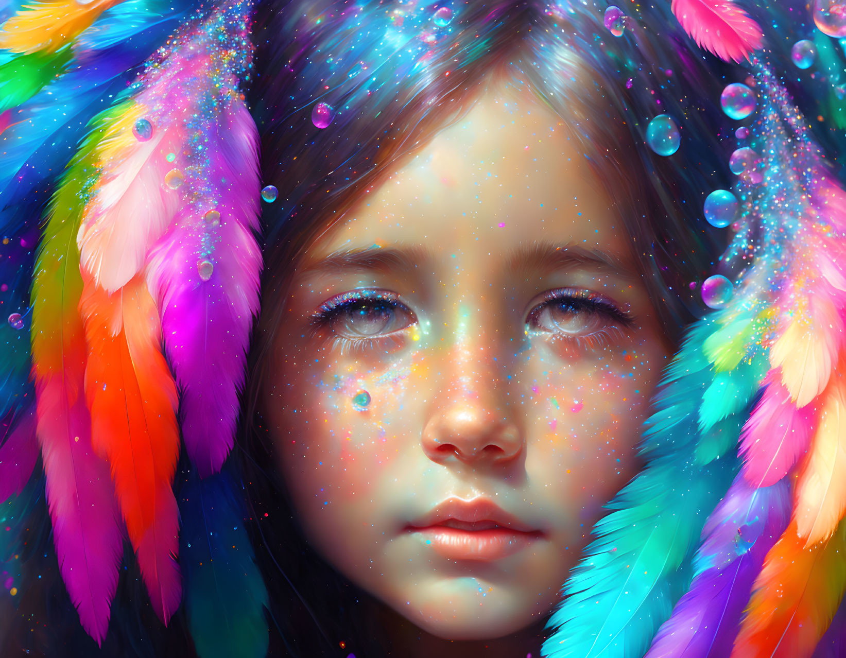 Child portrait with multi-colored feathers and sparkles for a dreamy look