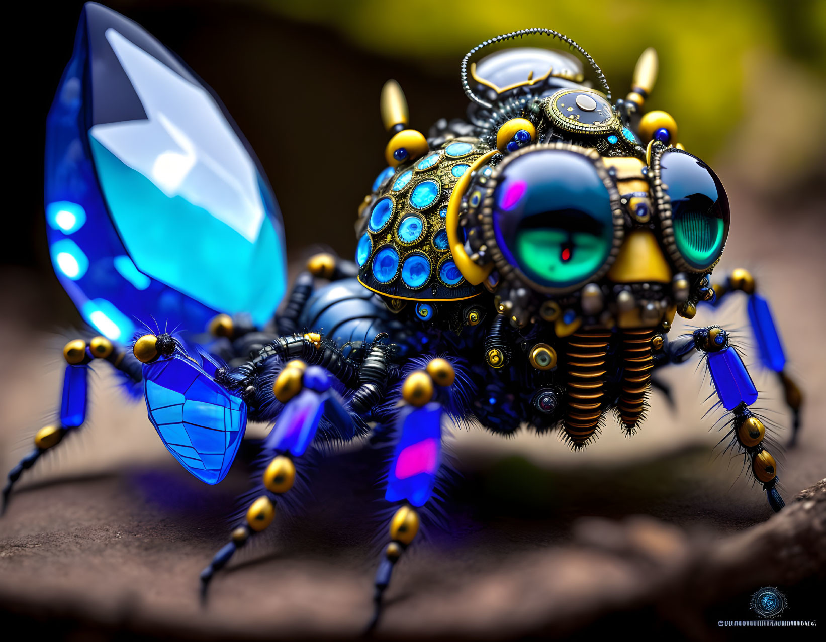 Intricate digital artwork: Mechanical insect with vibrant blue and gold body