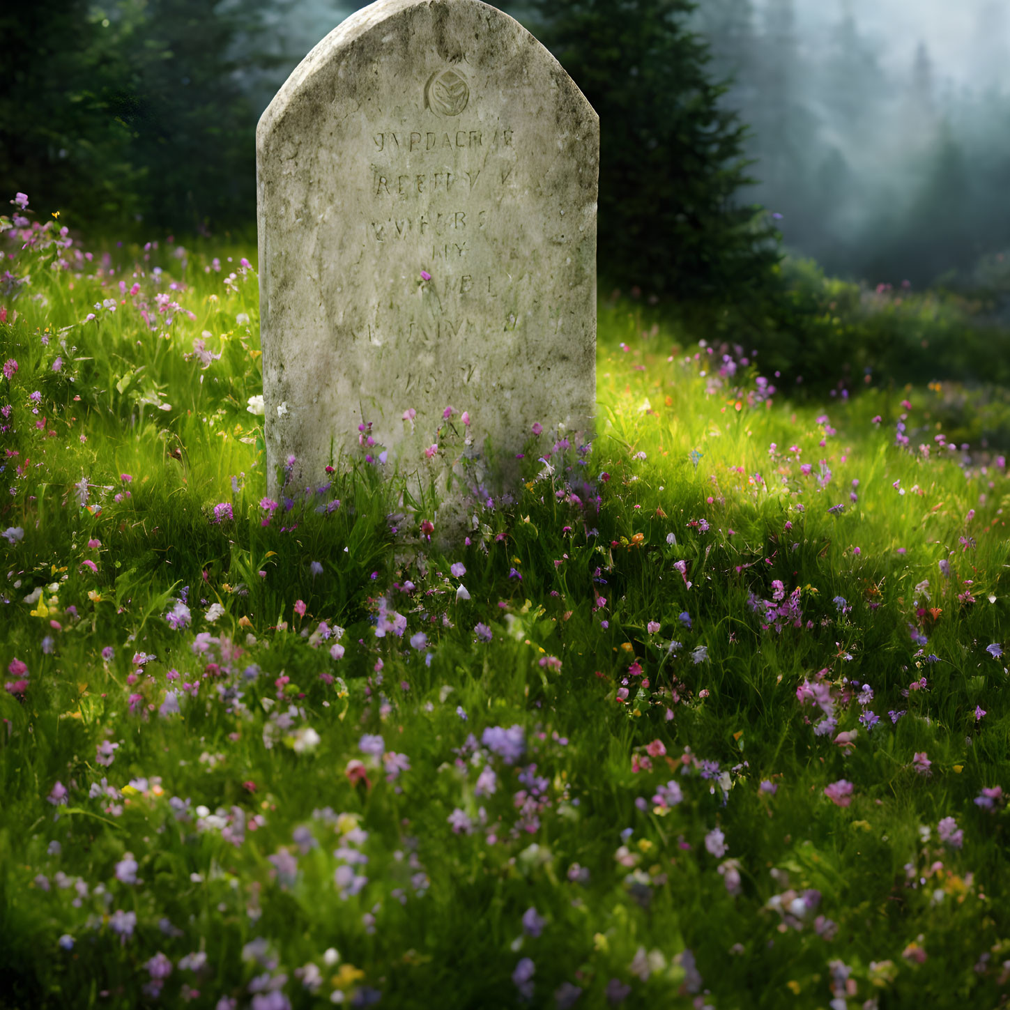 Weathered tombstone in sunlit meadow with wildflowers and forest backdrop