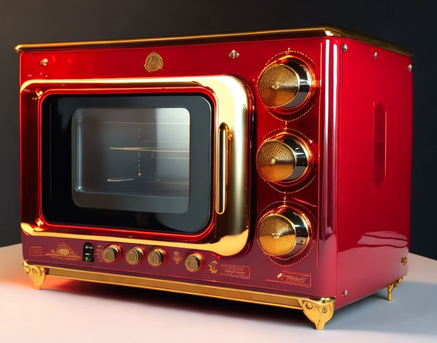 Vintage Red and Gold Microwave on Reflective Surface with Retro Details