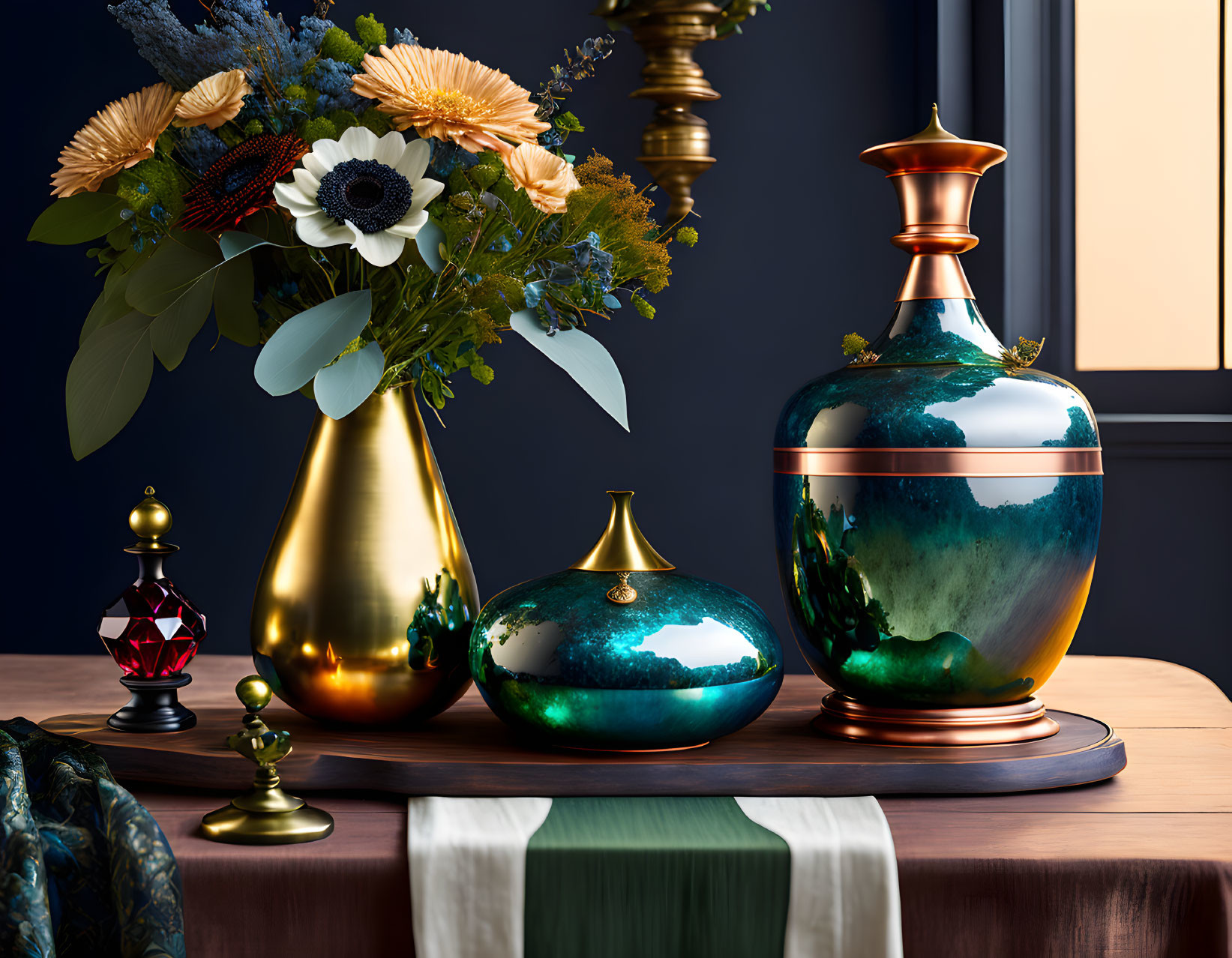 Stylish home decor: gold and turquoise vases, colorful bouquet on wooden table, dark blue