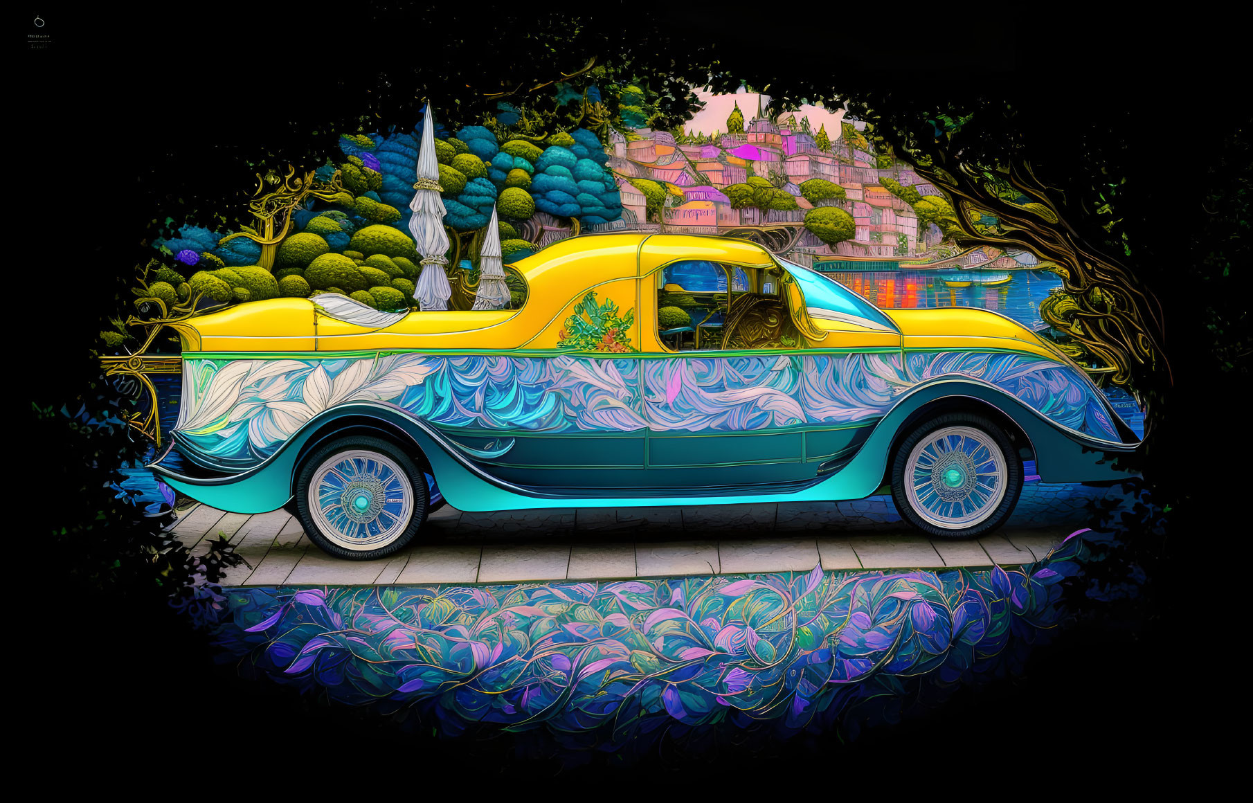 Vintage Car with Floral Designs in Vibrant Colors