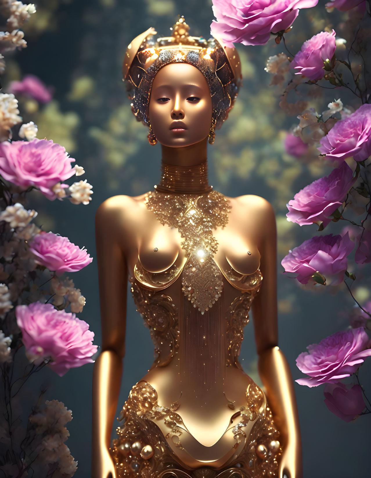 Golden humanoid figure with ornate headdress amidst pink flowers