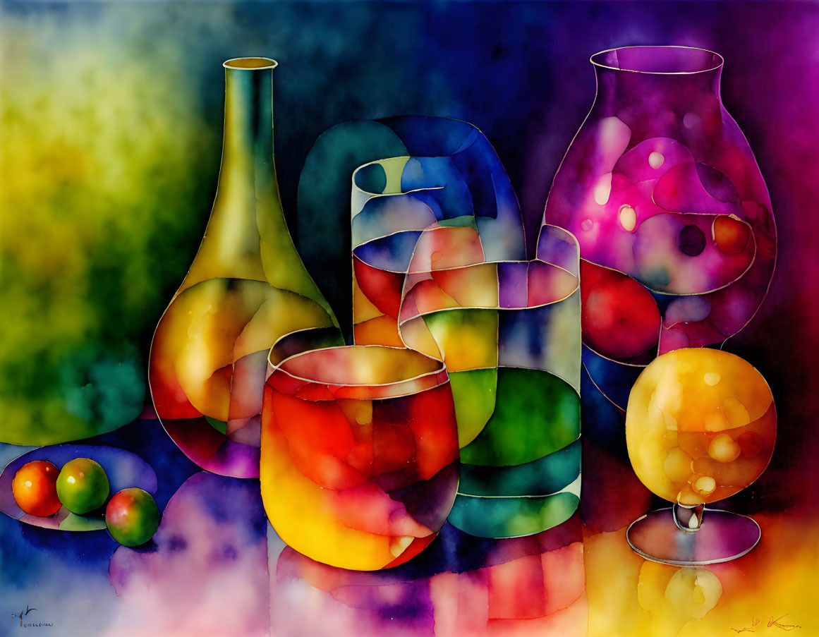 Colorful Watercolor Painting of Translucent Glassware