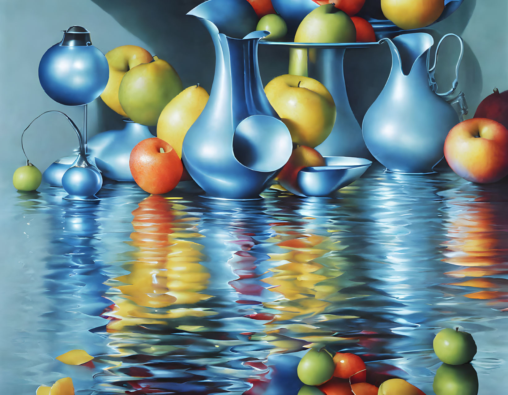 Vibrant still life painting with apples, tangerine, blue vases, and bauble