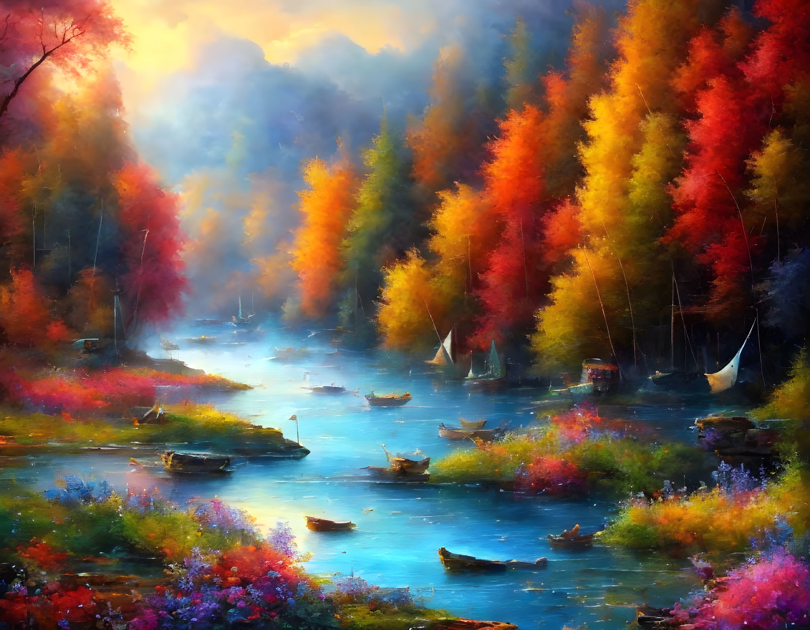 Colorful Autumn Forest Scene with River and Boats