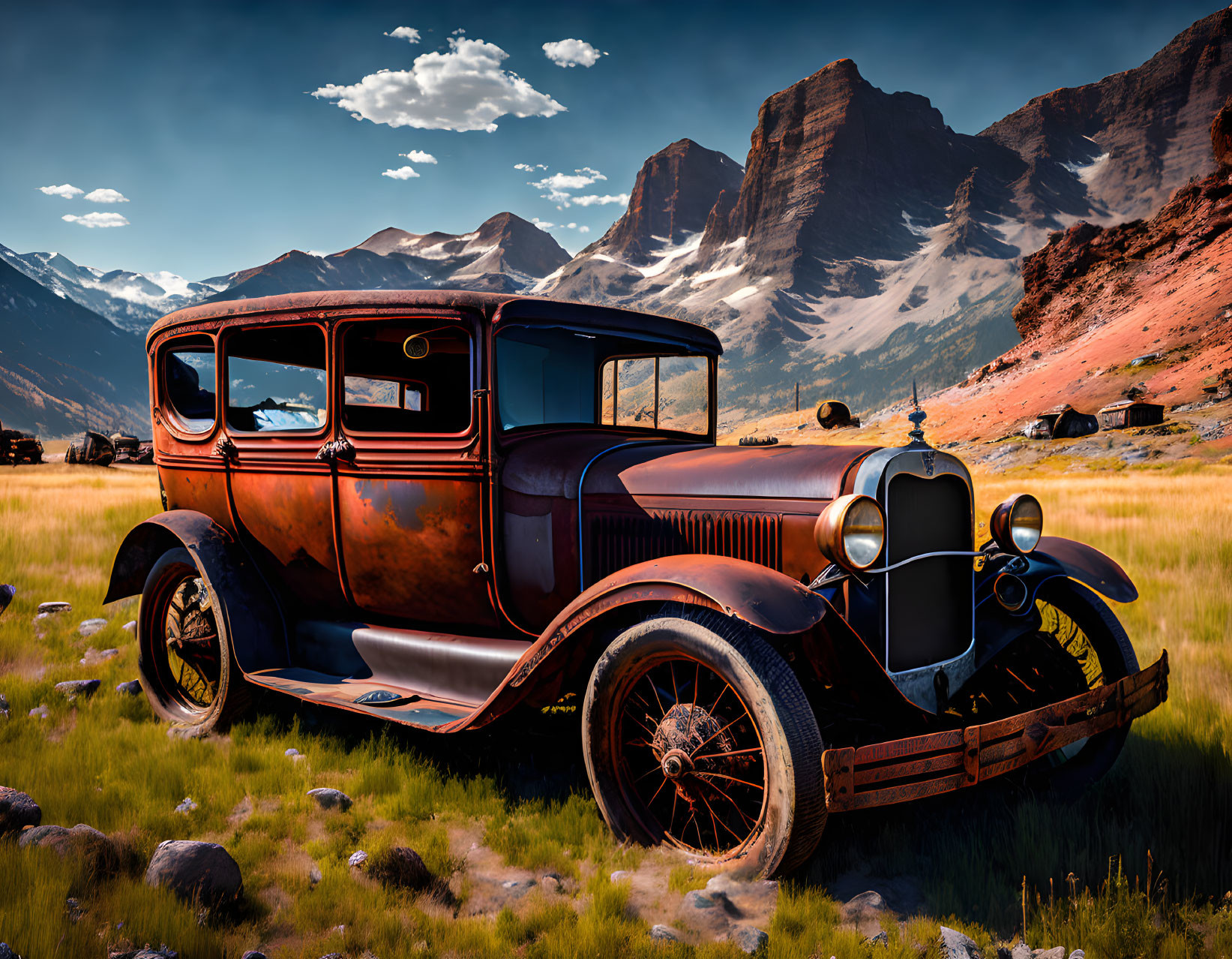 Rusted vintage car in valley with mountains under blue sky