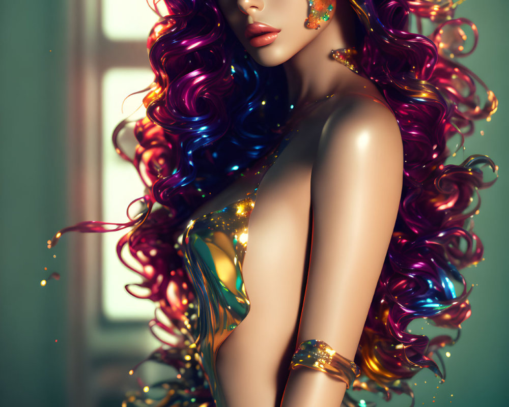 Multicolored hair woman with gold makeup-like splashes