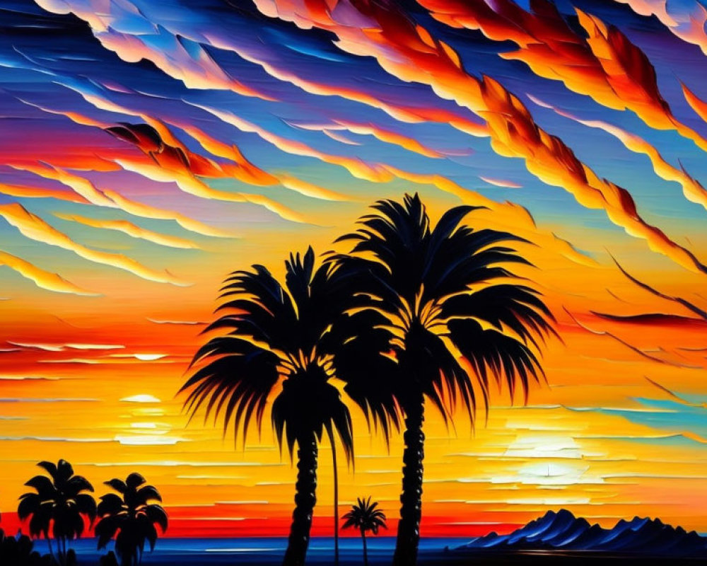 Tropical sunset painting with palm trees and mountains