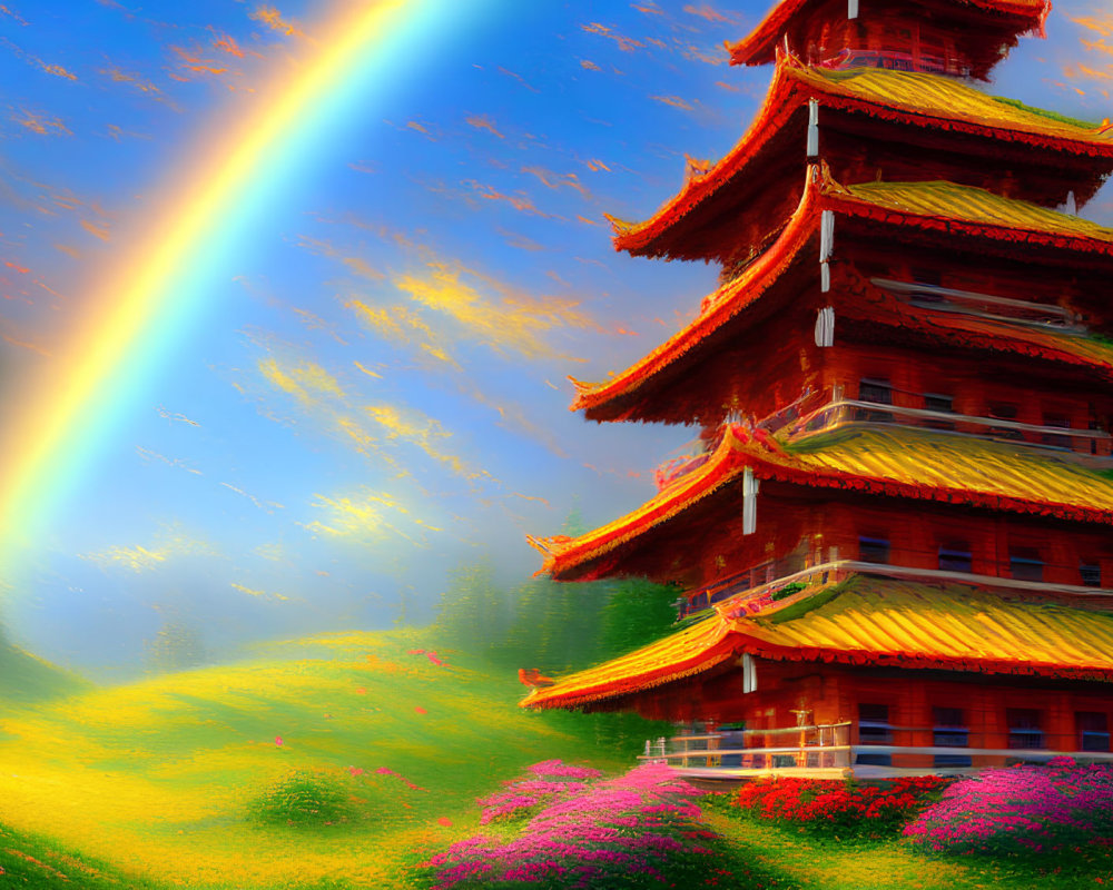 Red pagoda in vibrant floral landscape with rainbow and warm sky