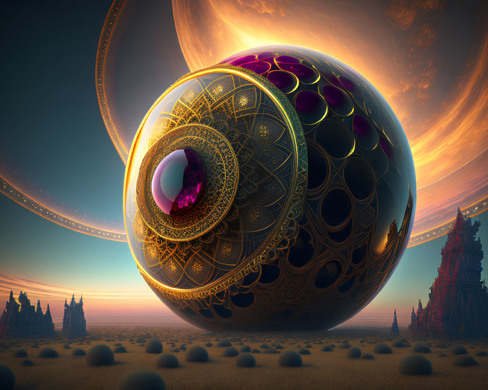 Surreal landscape with ornate spherical object under alien sky